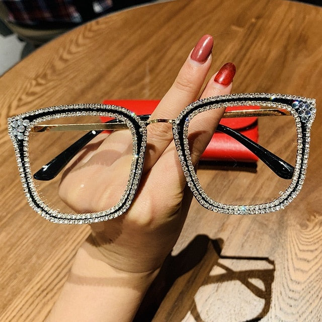 Vintage Square Rhinestone Glasses Female