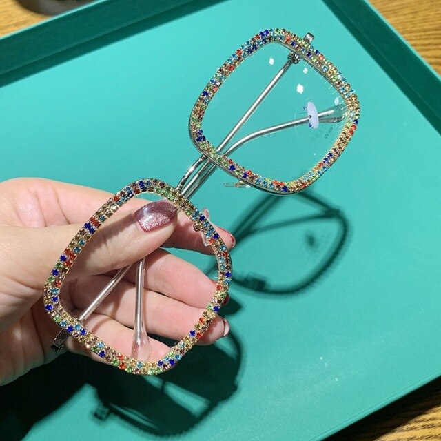 Wonen  Square Oversized Rhinestone Blue Light Eyeglasses