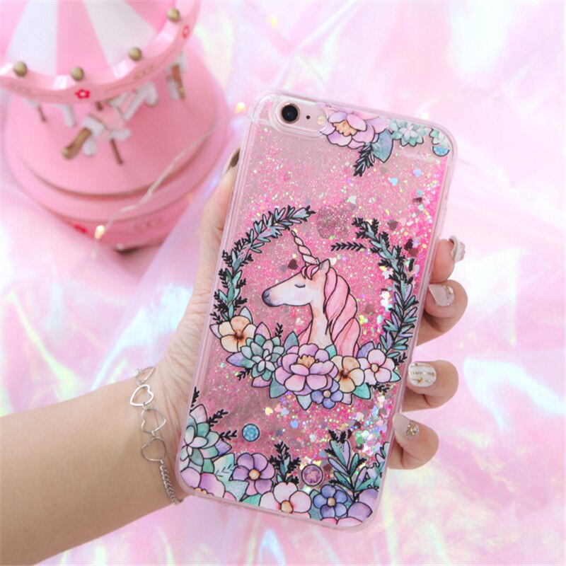 Cute Pink Unicorn Love Heart Hard PC Flower Dynamic Liquid Quicksand Phone Case For iPhone 5 5s se 6 6S 7 8 Plus X
